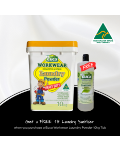 Euca Workwear Heavy Duty Laundry Powder 10kg plastic tub + LAUNDRY SANITISER LIQUID EUCALYPTUS 1LT